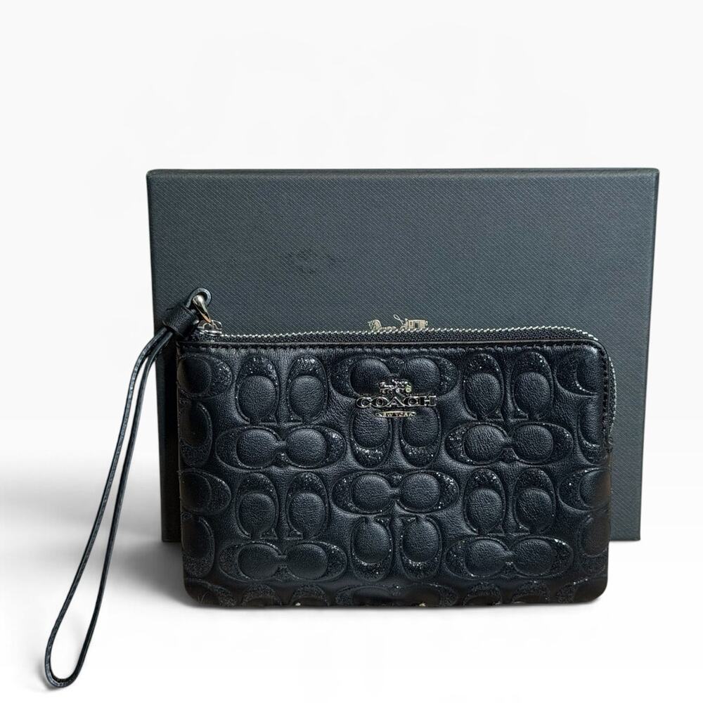 Coach F80214 Glitter Signature Corner Zip Wristlet Black NWT
